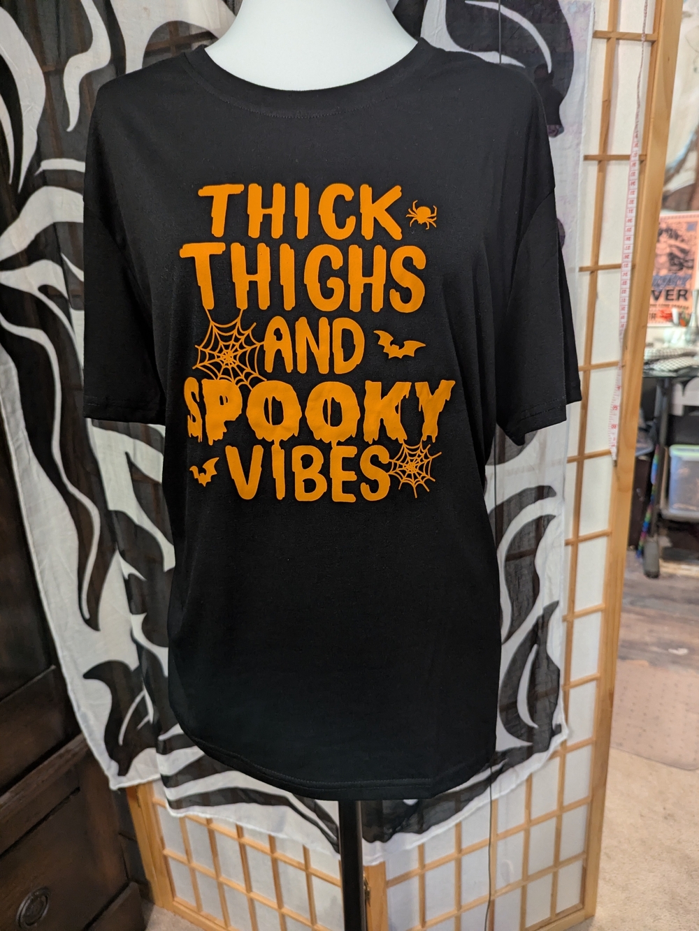 Women's Black Halloween Tee - 'Thick Thighs and Spooky Vibes' Orange Print
